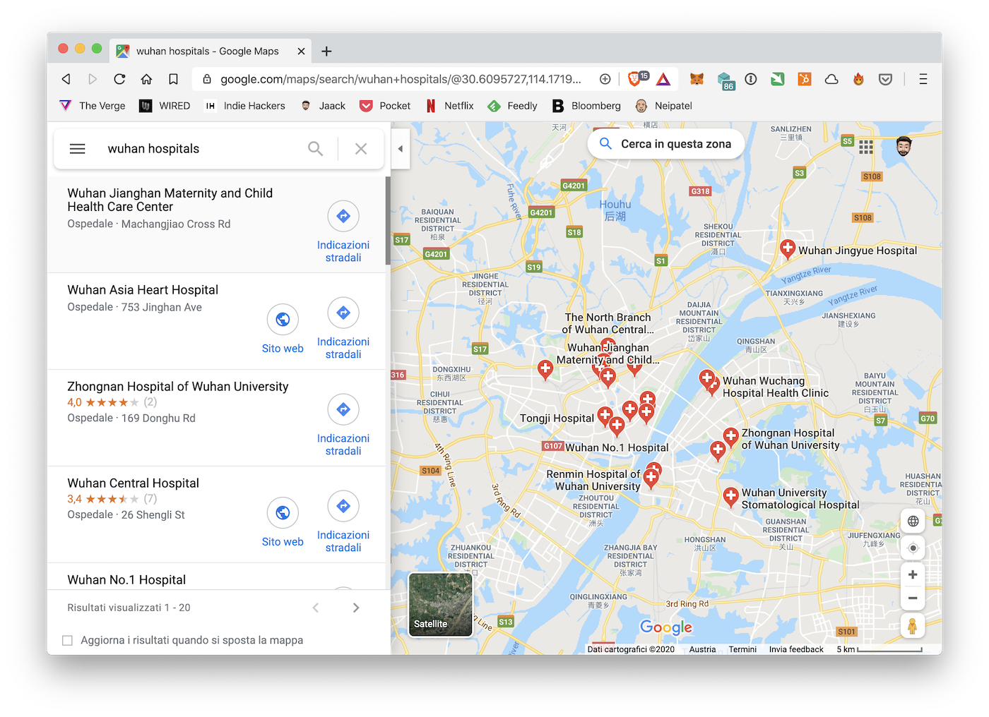 La mappa dei 20 ospedali di Wuhan, da Google Maps