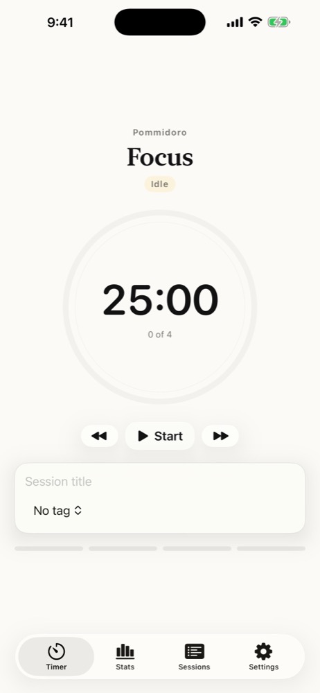 Pommidoro: 25:00 focus timer, session title, and Timer, Stats, Sessions and Settings tabs.