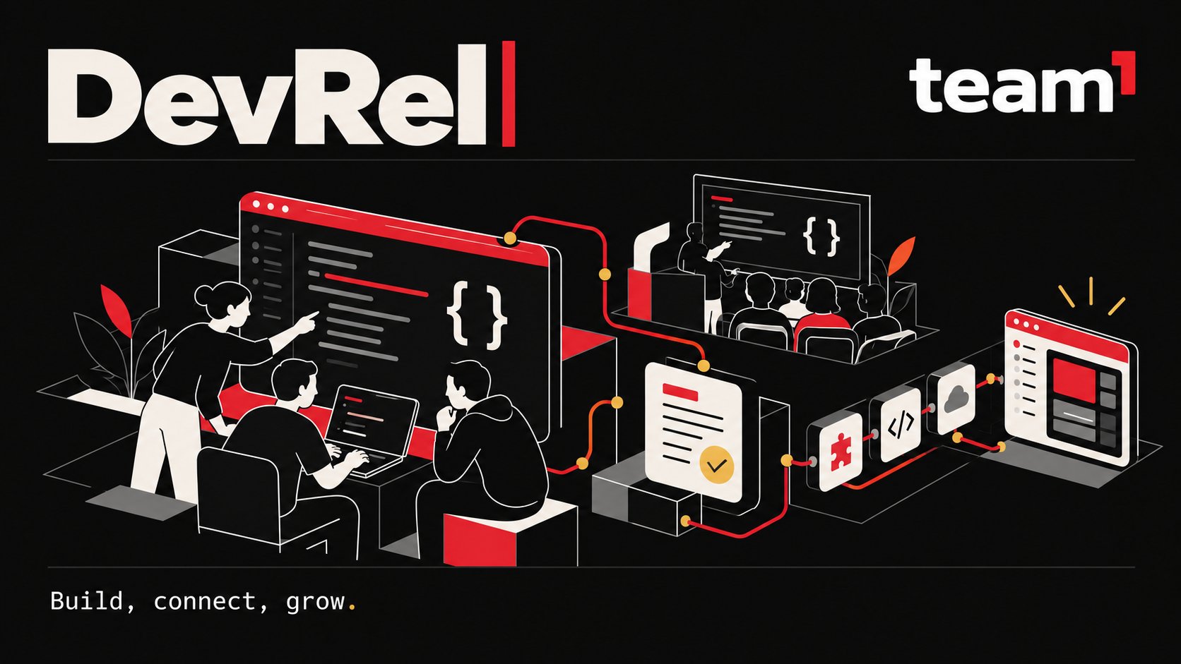 DevRel announcement artwork with builders, code editors and the team1 wordmark.